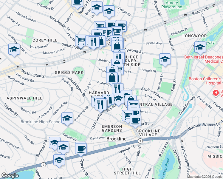 map of restaurants, bars, coffee shops, grocery stores, and more near 2 Washburn Place in Brookline