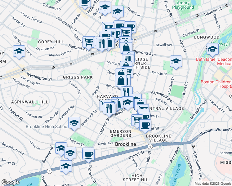 map of restaurants, bars, coffee shops, grocery stores, and more near 2 Washburn Place in Brookline