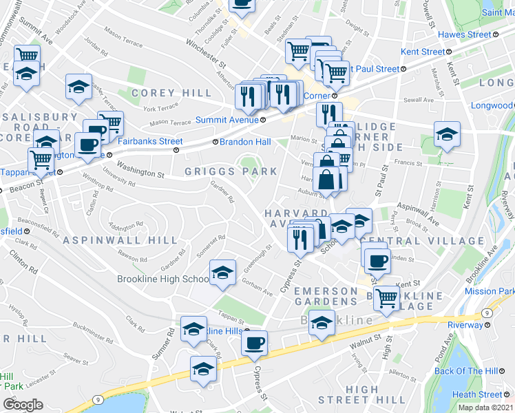 map of restaurants, bars, coffee shops, grocery stores, and more near 32 Park Street in Brookline