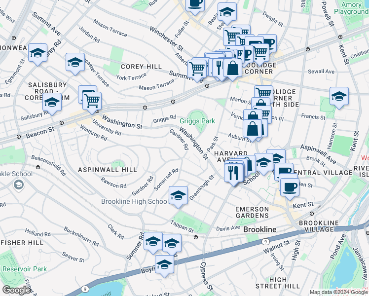 map of restaurants, bars, coffee shops, grocery stores, and more near 490 Washington Street in Brookline