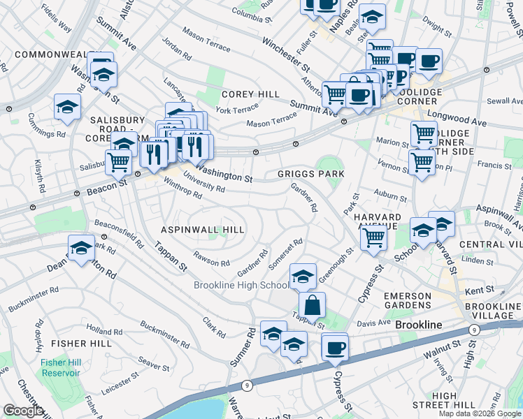 map of restaurants, bars, coffee shops, grocery stores, and more near 107 University Road in Brookline
