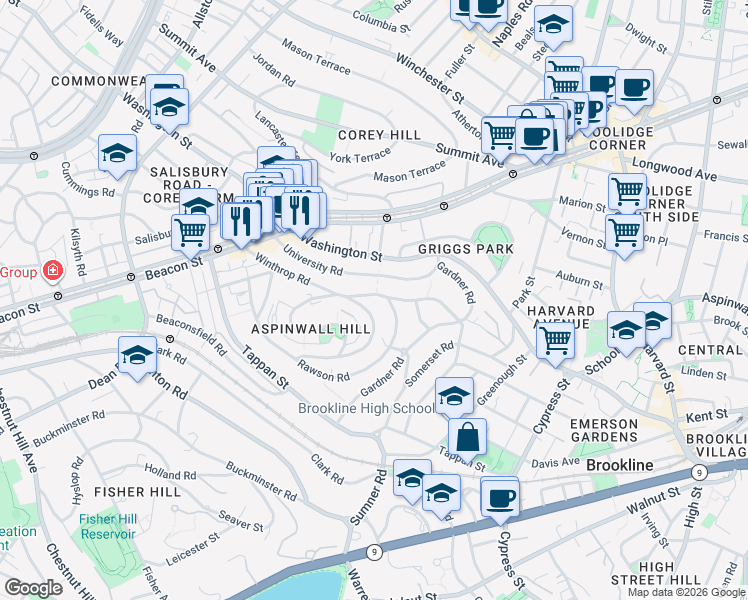 map of restaurants, bars, coffee shops, grocery stores, and more near 107 University Road in Brookline