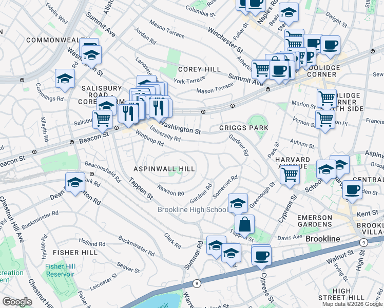 map of restaurants, bars, coffee shops, grocery stores, and more near 107 University Road in Brookline