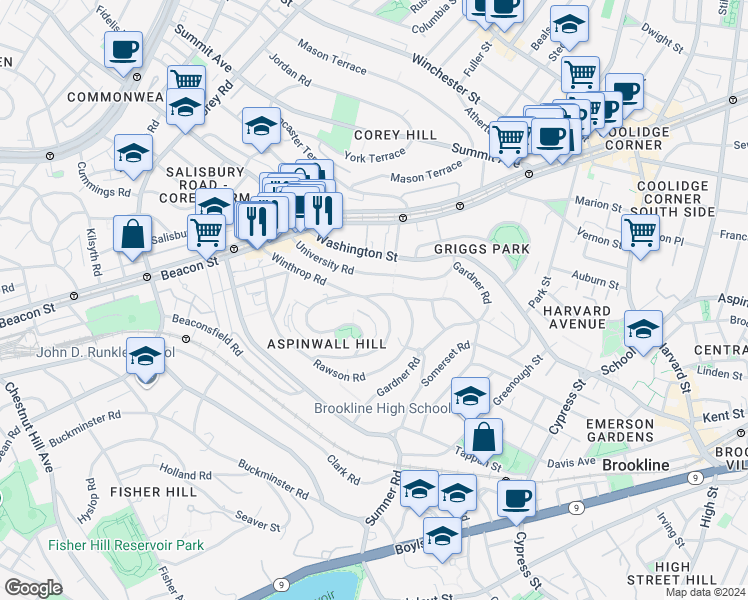 map of restaurants, bars, coffee shops, grocery stores, and more near 119 Winthrop Road in Brookline