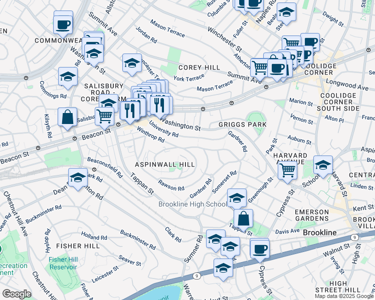 map of restaurants, bars, coffee shops, grocery stores, and more near 119 Winthrop Road in Brookline