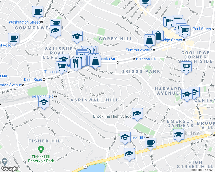 map of restaurants, bars, coffee shops, grocery stores, and more near 119 Winthrop Road in Brookline