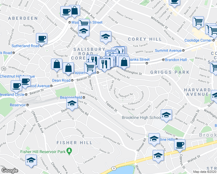 map of restaurants, bars, coffee shops, grocery stores, and more near 38 Garrison Road in Brookline