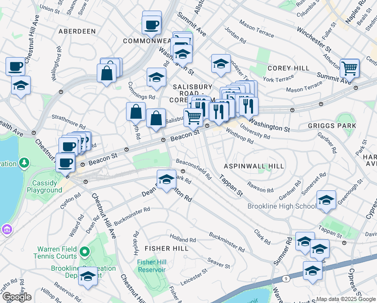 map of restaurants, bars, coffee shops, grocery stores, and more near in Brookline
