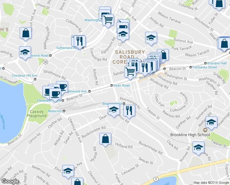 map of restaurants, bars, coffee shops, grocery stores, and more near 1763 Beacon Street in Brookline