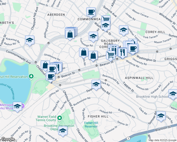 map of restaurants, bars, coffee shops, grocery stores, and more near 1804 Beacon Street in Brookline