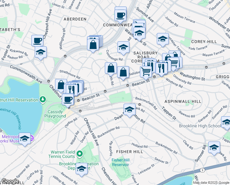 map of restaurants, bars, coffee shops, grocery stores, and more near 1804 Beacon Street in Brookline