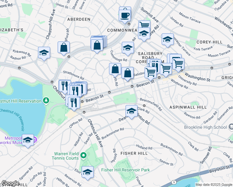 map of restaurants, bars, coffee shops, grocery stores, and more near in Brookline