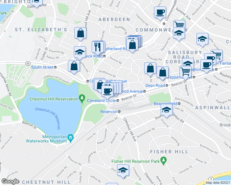 map of restaurants, bars, coffee shops, grocery stores, and more near 104 Englewood Avenue in Boston