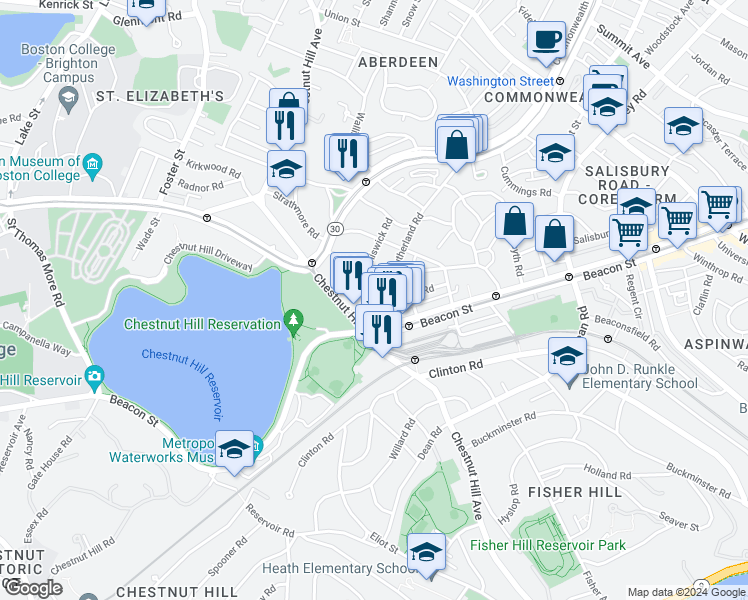 map of restaurants, bars, coffee shops, grocery stores, and more near 4 Chiswick Road in Boston