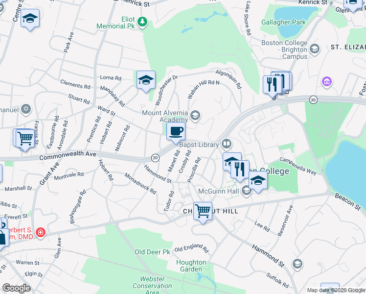 map of restaurants, bars, coffee shops, grocery stores, and more near 219 Commonwealth Avenue in Newton