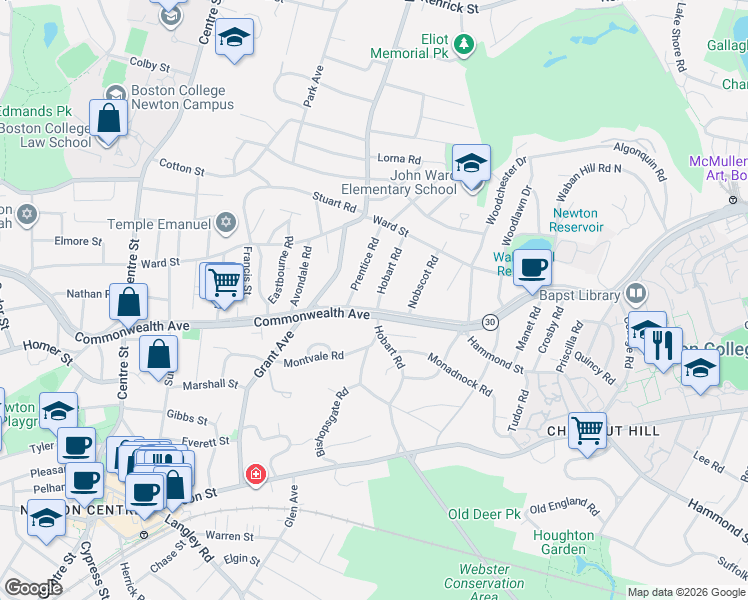map of restaurants, bars, coffee shops, grocery stores, and more near 43 Hobart Road in Newton
