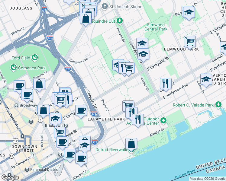 map of restaurants, bars, coffee shops, grocery stores, and more near in Detroit