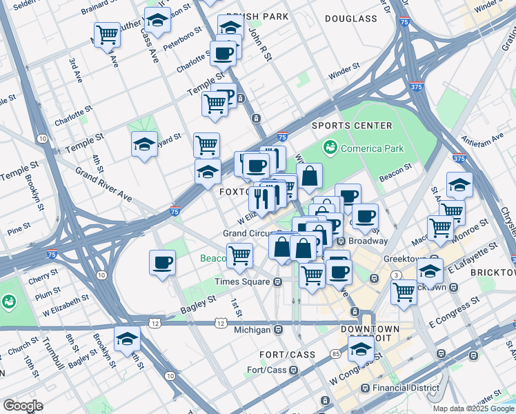 map of restaurants, bars, coffee shops, grocery stores, and more near 101 West Columbia Street in Detroit