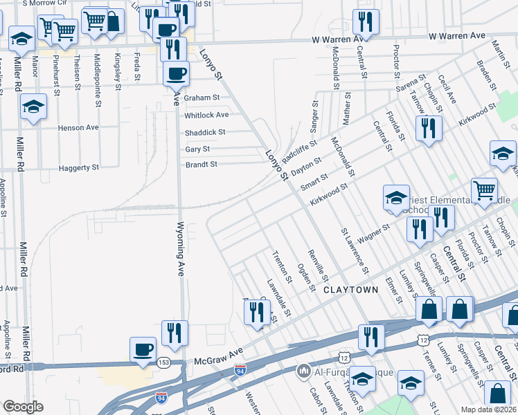 map of restaurants, bars, coffee shops, grocery stores, and more near 8425 Dayton Street in Detroit