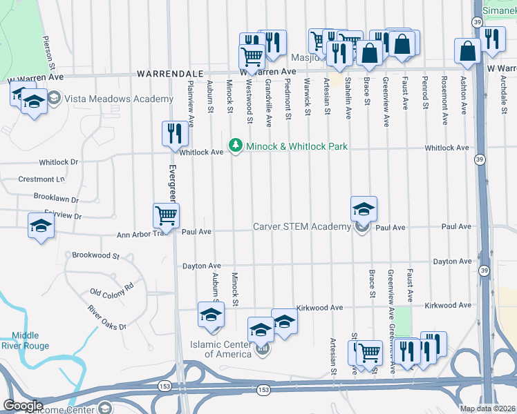 map of restaurants, bars, coffee shops, grocery stores, and more near 6409 Westwood Street in Detroit