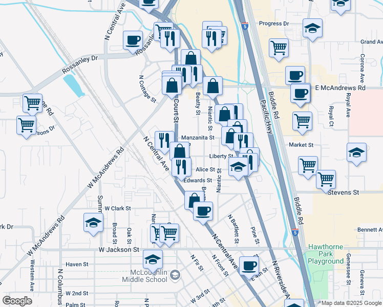 map of restaurants, bars, coffee shops, grocery stores, and more near 305 Liberty Street in Medford