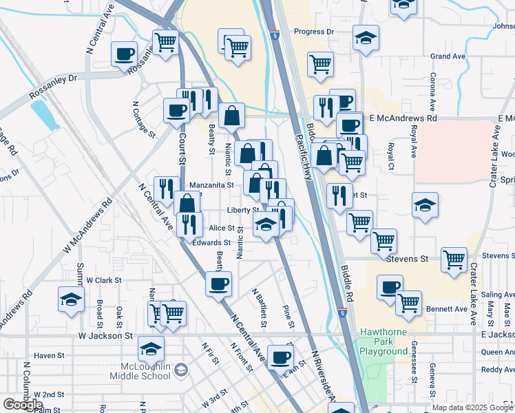 map of restaurants, bars, coffee shops, grocery stores, and more near 1116 North Riverside Avenue in Medford
