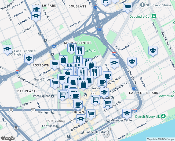 map of restaurants, bars, coffee shops, grocery stores, and more near 350 Madison Street in Detroit