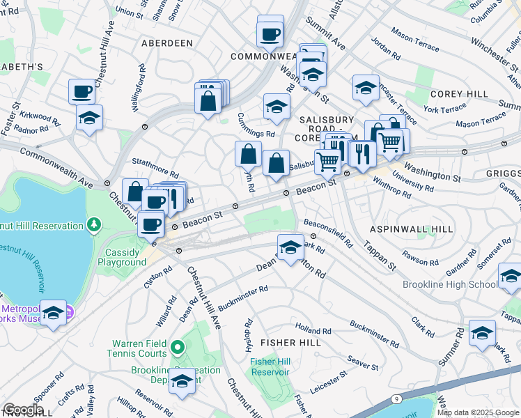 map of restaurants, bars, coffee shops, grocery stores, and more near 1804 Beacon Street in Brookline