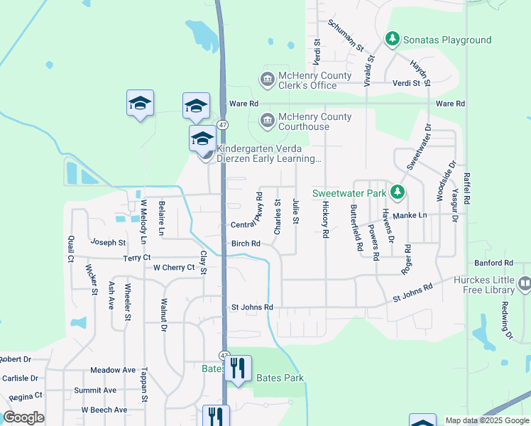 map of restaurants, bars, coffee shops, grocery stores, and more near 1948 Sheila Street in Woodstock