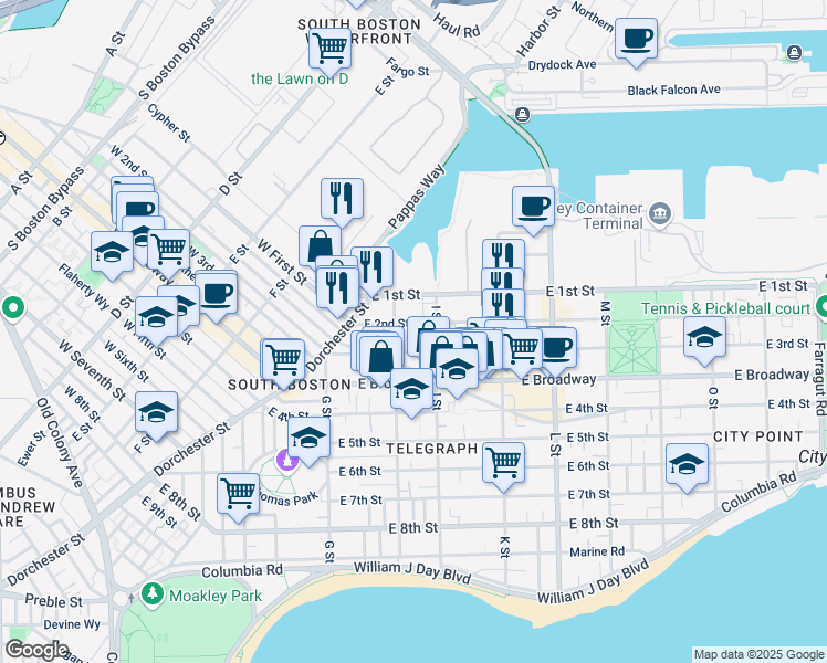 map of restaurants, bars, coffee shops, grocery stores, and more near 4 H Street in Boston