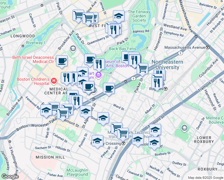 map of restaurants, bars, coffee shops, grocery stores, and more near 578 Huntington Avenue in Boston