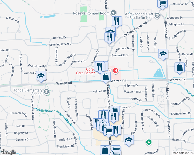 map of restaurants, bars, coffee shops, grocery stores, and more near 7314 Hedgerow Court in Canton