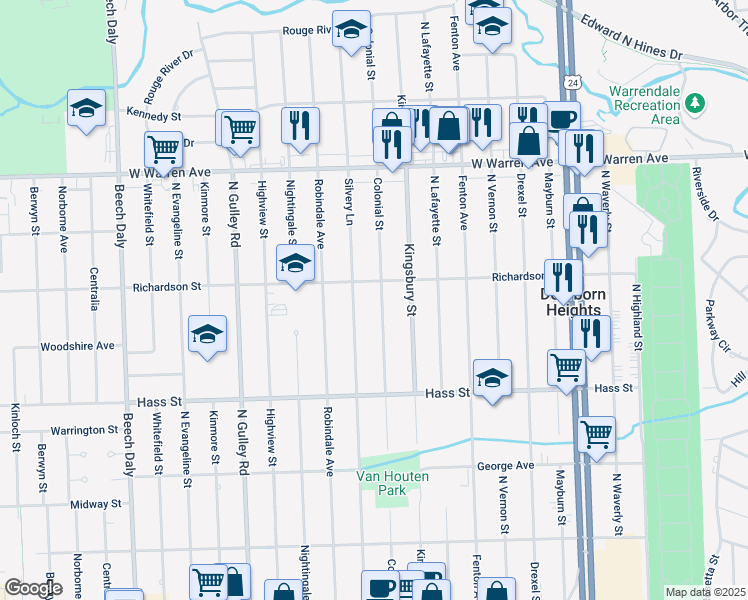 map of restaurants, bars, coffee shops, grocery stores, and more near 6643 Colonial Street in Dearborn Heights