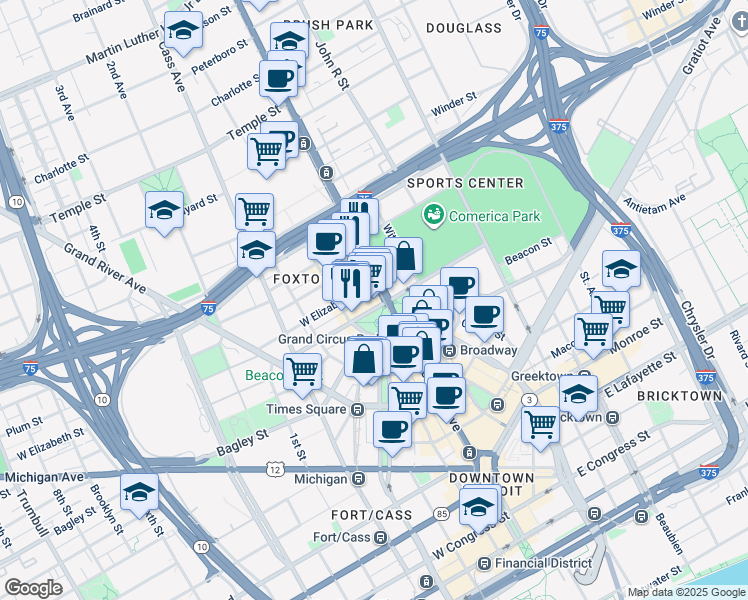 map of restaurants, bars, coffee shops, grocery stores, and more near 26 West Elizabeth Street in Detroit