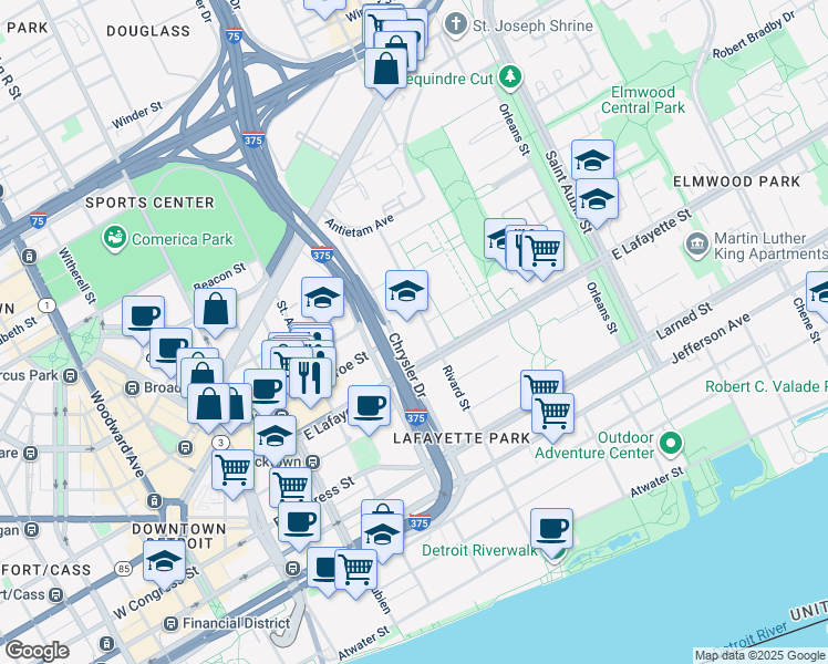 map of restaurants, bars, coffee shops, grocery stores, and more near 1311 Joliet Place in Detroit