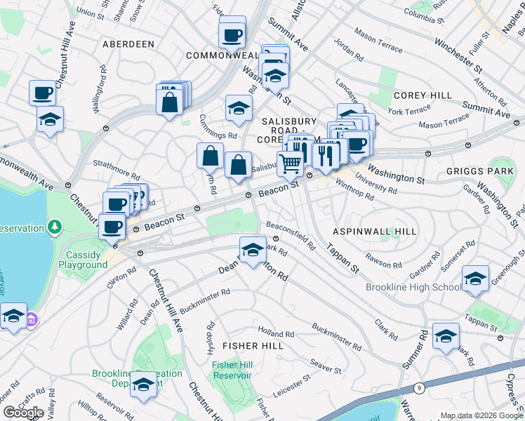 map of restaurants, bars, coffee shops, grocery stores, and more near 1763 Beacon Street in Brookline