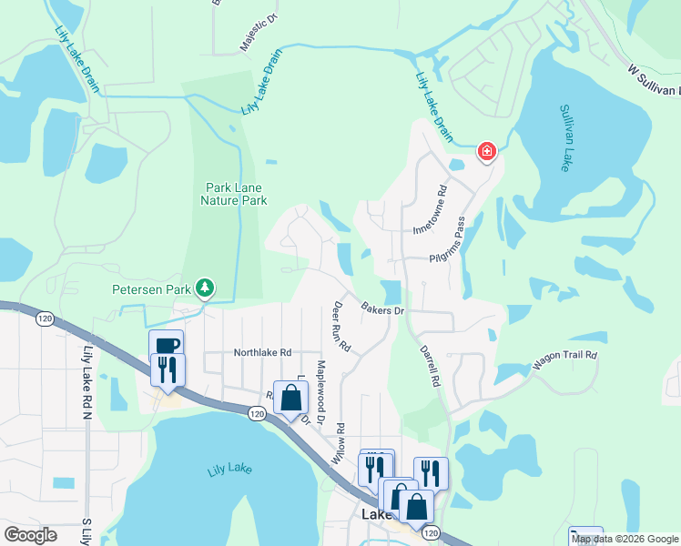 map of restaurants, bars, coffee shops, grocery stores, and more near 208 Bakers Drive in Lakemoor