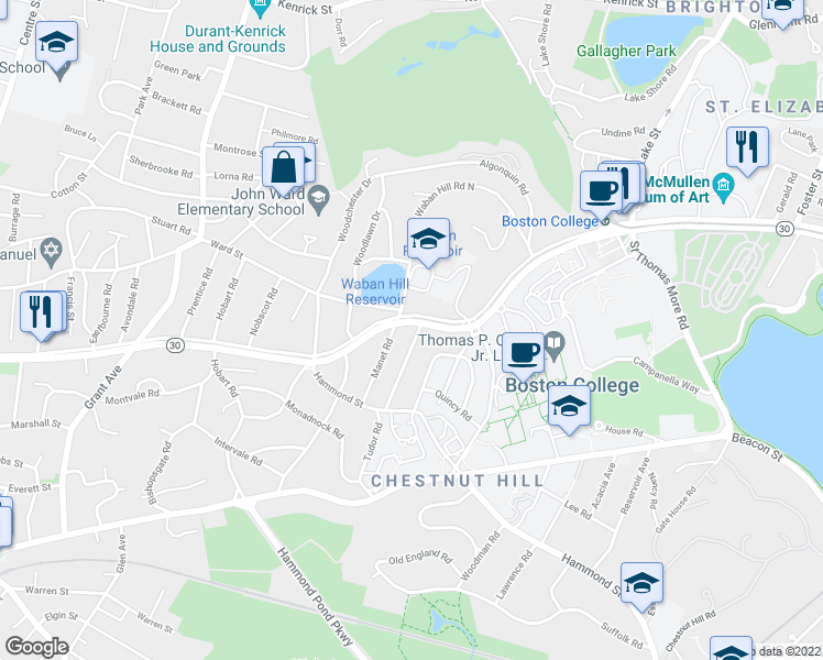 map of restaurants, bars, coffee shops, grocery stores, and more near 219 Commonwealth Avenue in Newton