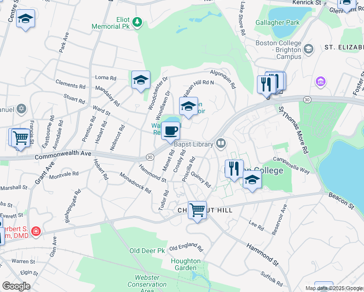 map of restaurants, bars, coffee shops, grocery stores, and more near 219 Commonwealth Avenue in Newton