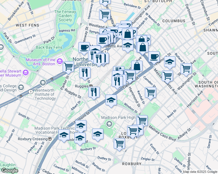 map of restaurants, bars, coffee shops, grocery stores, and more near 360 Huntington Avenue in Boston