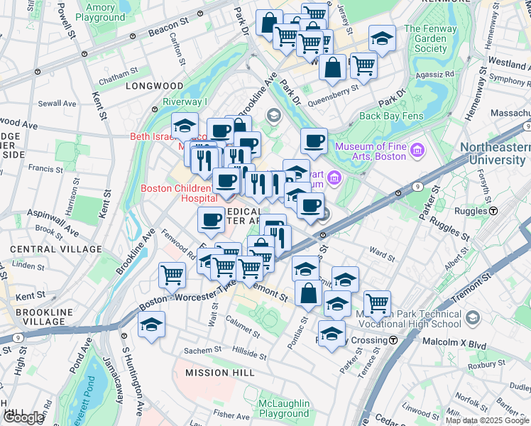 map of restaurants, bars, coffee shops, grocery stores, and more near Longwood Avenue in Boston