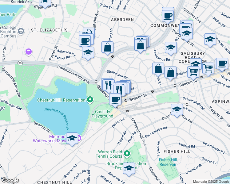 map of restaurants, bars, coffee shops, grocery stores, and more near 16 Sutherland Road in Boston