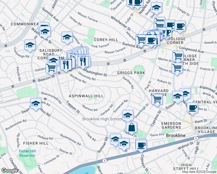 map of restaurants, bars, coffee shops, grocery stores, and more near Rawson Rd & Winthrop Rd in Brookline