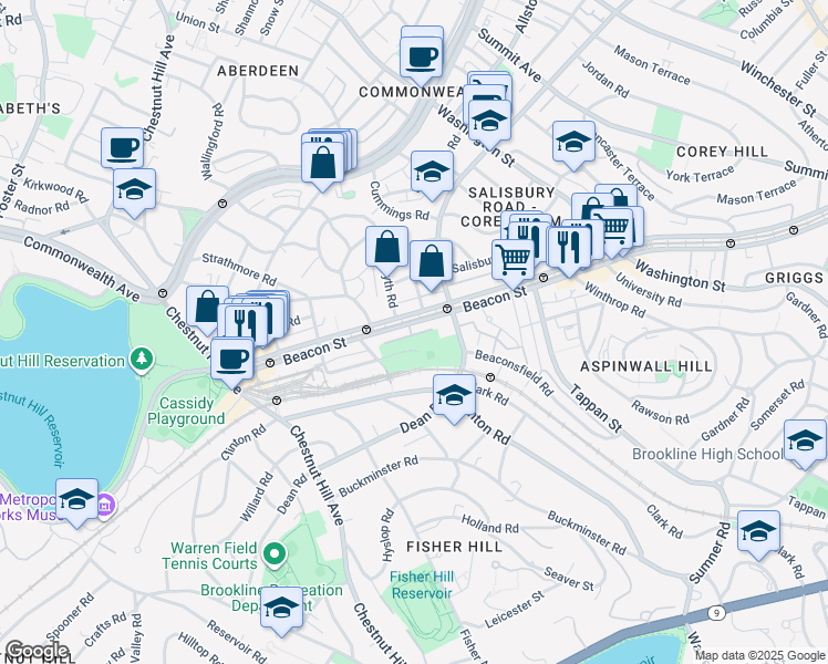 map of restaurants, bars, coffee shops, grocery stores, and more near 1804 Beacon Street in Brookline