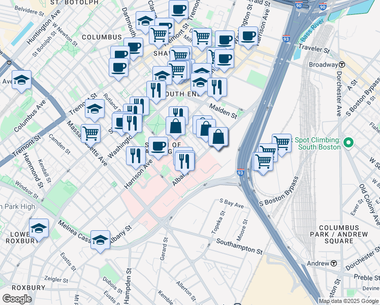 map of restaurants, bars, coffee shops, grocery stores, and more near 99 East Brookline Street in Boston