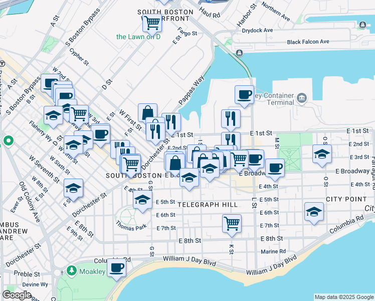 map of restaurants, bars, coffee shops, grocery stores, and more near 4 H Street in Boston