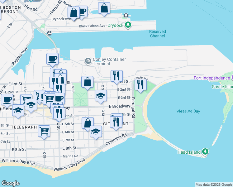 map of restaurants, bars, coffee shops, grocery stores, and more near 880 East 2nd Street in Boston