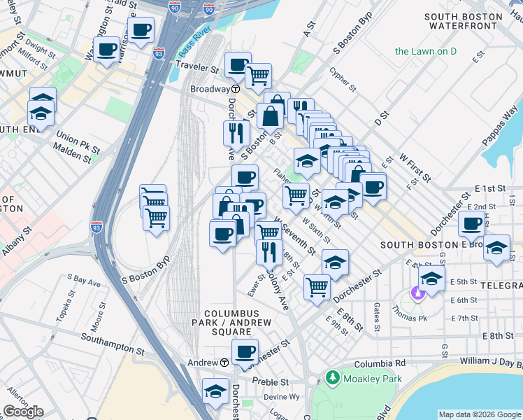 map of restaurants, bars, coffee shops, grocery stores, and more near 52 Pier 7 in Boston