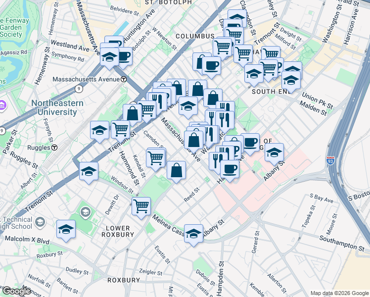 map of restaurants, bars, coffee shops, grocery stores, and more near 620 Massachusetts Avenue in Boston