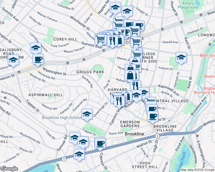 map of restaurants, bars, coffee shops, grocery stores, and more near 32 Park Street in Brookline